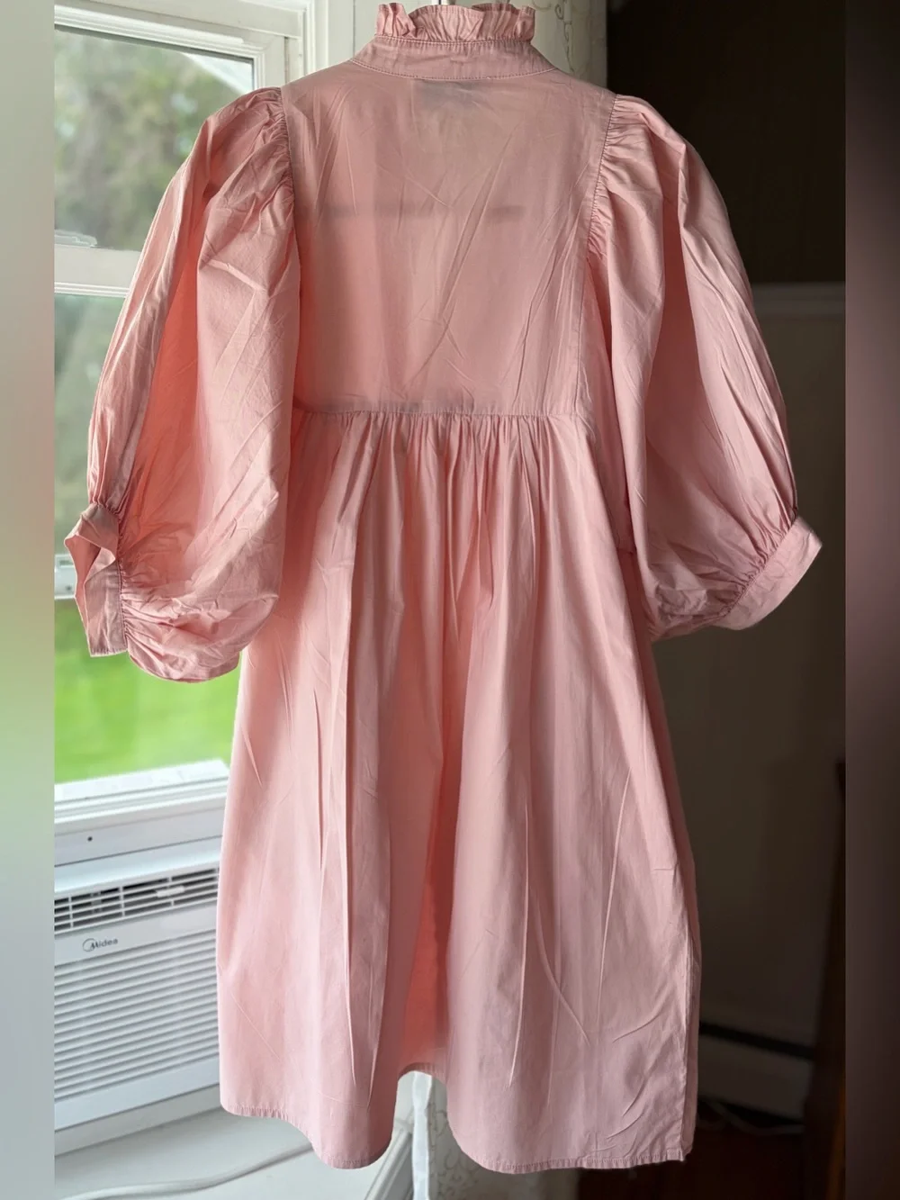 Never a Wallflower Soft Pink Cotton Ruffle Neck Babydoll Dress Feminine Sz S EUC - Picture 2 of 4
